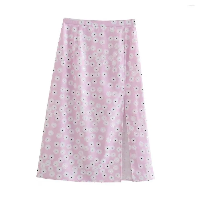 Юбки 2023, женская модная розовая юбка-миди с цветочным принтом, шикарная элегантная повседневная винтажная юбка с высокой талией и разрезом для девочек, весна-лето