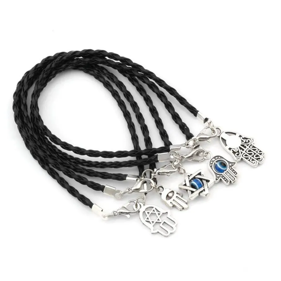 100 Stück gemischte Kabbalah-Hamsa-Hand-Glücksbringer-Armbänder aus schwarzem Leder mit geflochtener Schnur, 17–21 cm, 252 V