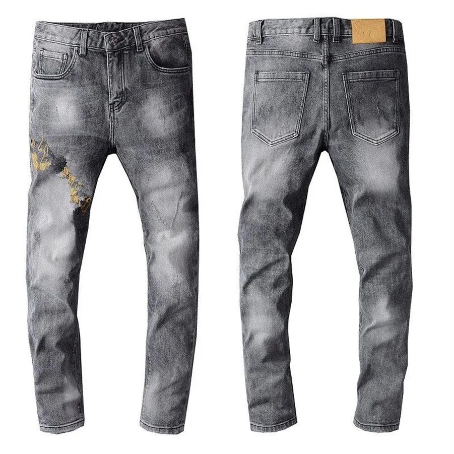 Nieuwste aanbieding Ontwerp Winter Heren Jeans Blauw Goede kwaliteit Designer Spray Paint Spliced Ripped High Street Vernietigde Denim Broek211f