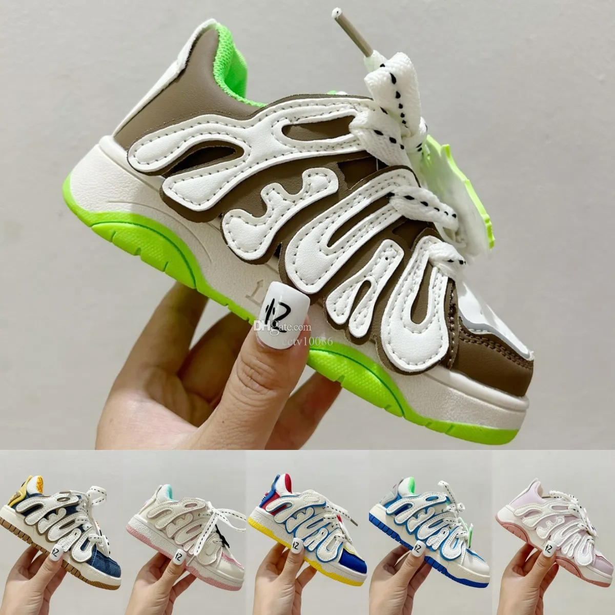 Toddler Kids Skater Sneakers Designer Low Top Casual Shoes for Boys Girls Black White Leather Skeleton Trainers
