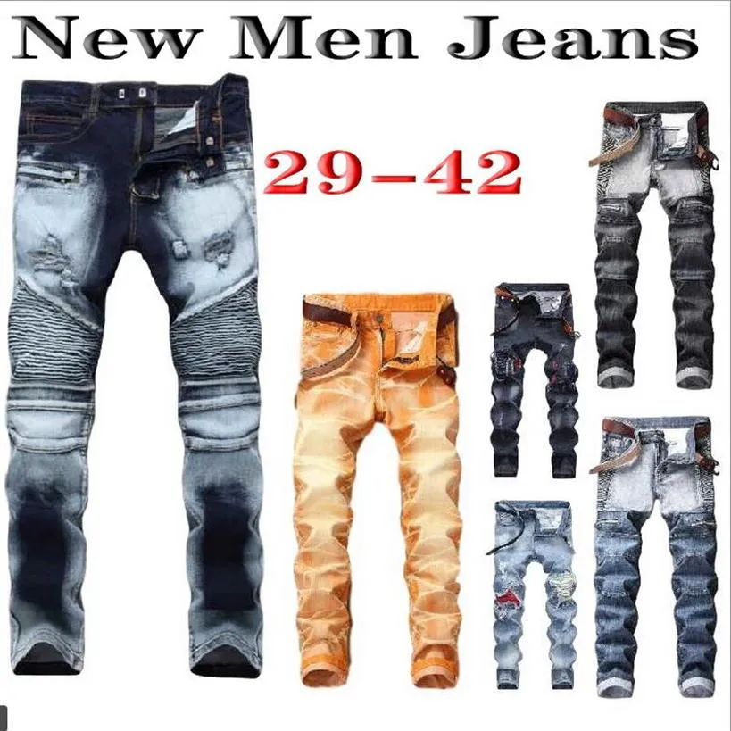 Men's Jeans 2021 Mens Designer Slim Skinny Moto Biker Casual Straight Holes Men Destroyed Denim Pants More Styles No Belts232f
