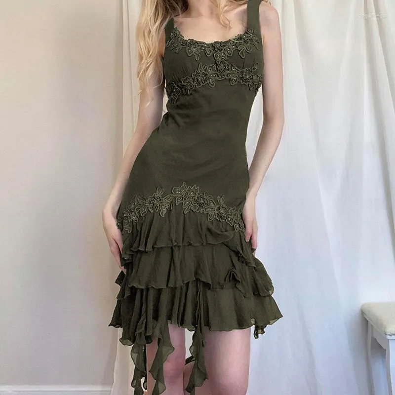 Casual Dresses Women Slim Green Vintage Ruffles Irregular Lace Sundress Girls Y2k Aesthetic Holiday Party Mini Dress Sexy Fairycore