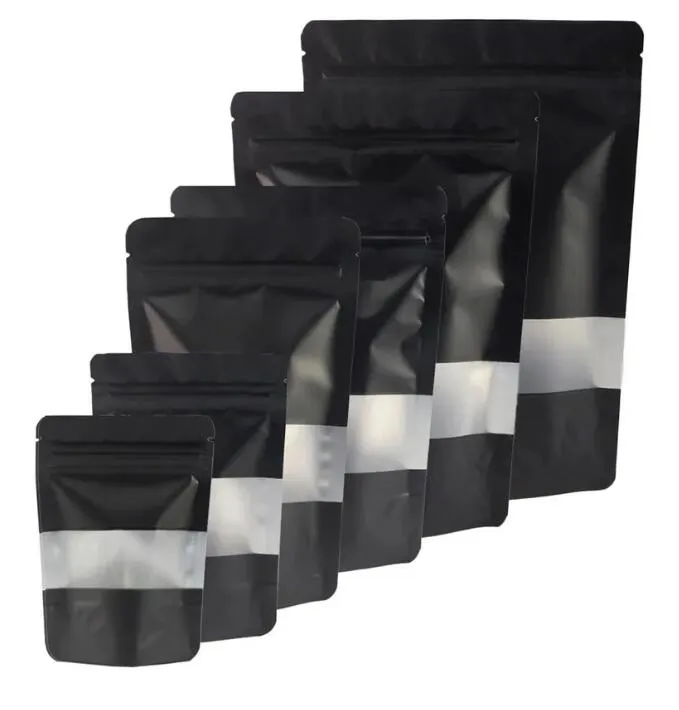 Partihandel Värmtätning blixtlåspaketpåsar aluminiumfolie mylar tårpår matt svart stand up väska med fönster