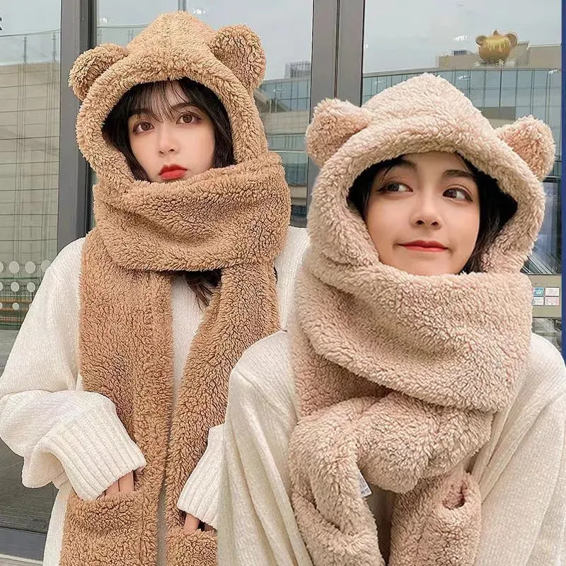 Christmas Decorations Cute Bear Ear Hat Scarf Gloves Set Winter Women Beanies Caps Warm Casual Plush Hats Casual Solid Fleece Girl Kawaii Present 231006