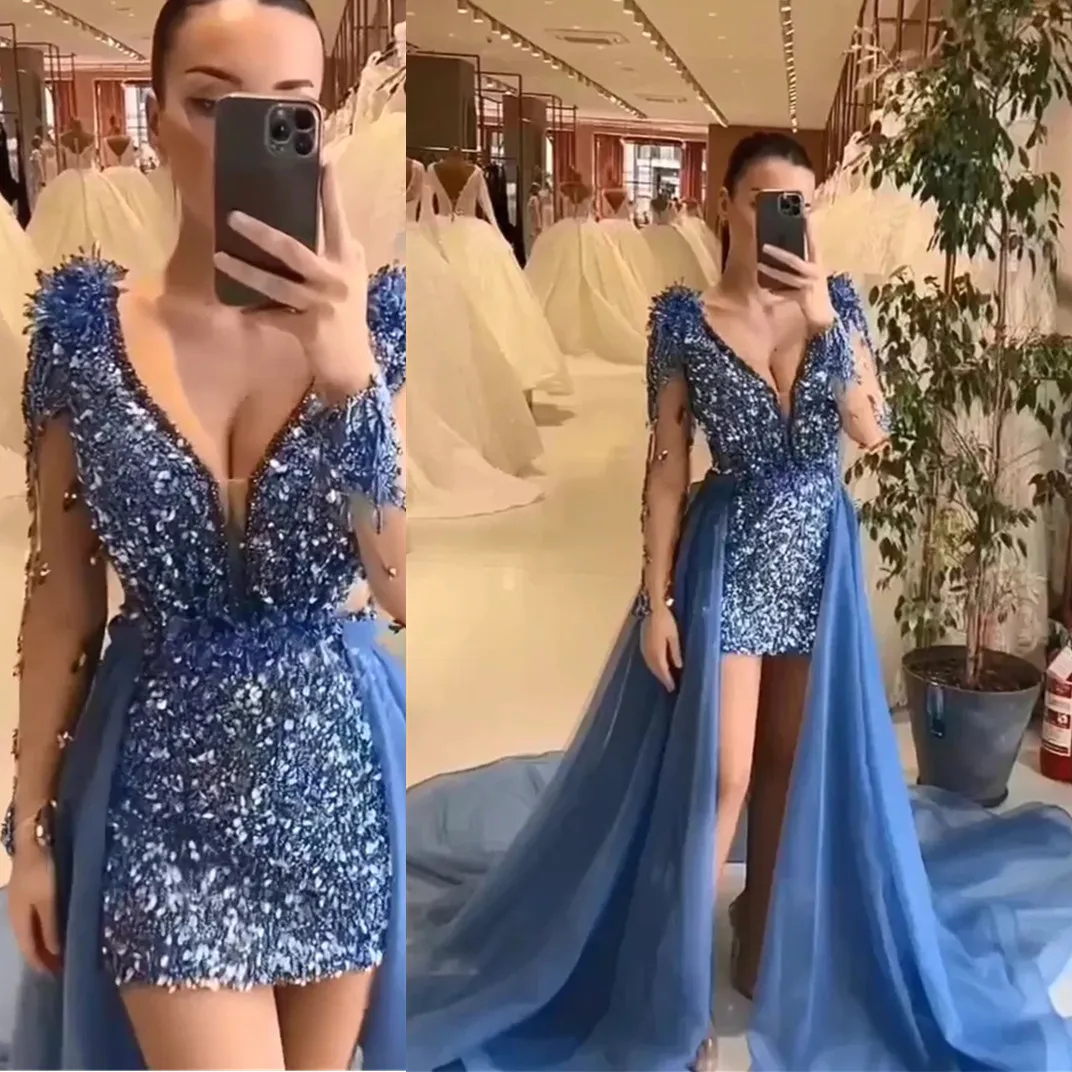 Bleu marine arabe paillettes robes de bal manches longues soirée formelle fête deuxième réception robes grande taille Train détachable