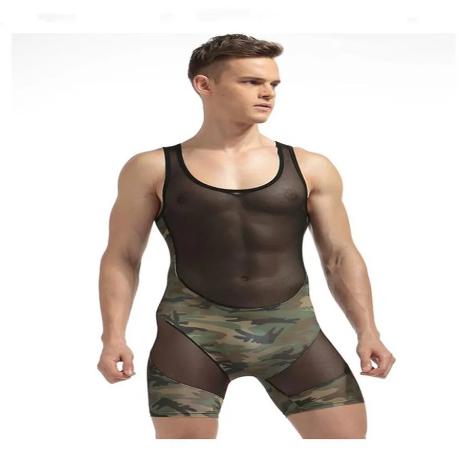 Cool Men Camouflage Bodysuit Perspective Mesh Splicing Tank Jumpsuit Male Breathable Comfortable One Piece Underwear268M