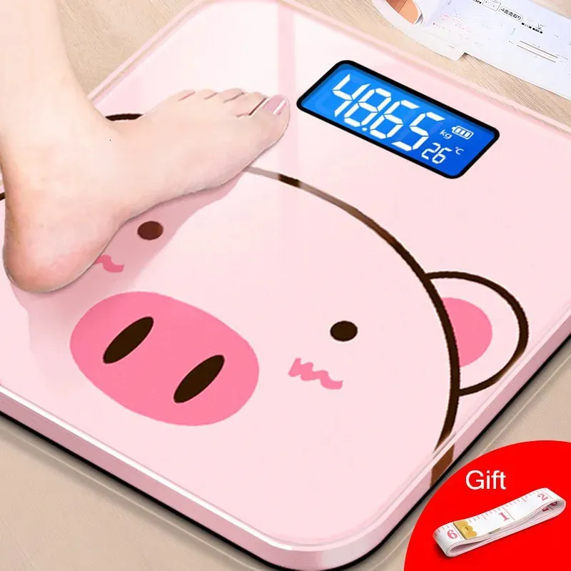 Kroppsvikt skalor tecknad gris badrum kroppskalor lcd display kropp som väger digitala skalor härdad glasgolv elektronisk smart vikt skalor 231007