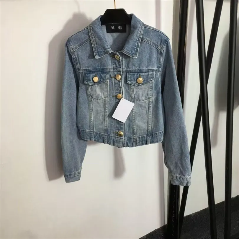 Kvinnors vintage lejon knapp denim jackor mode hösttvätt blå en knapp outwear kvinnor motorcykelfickor jacka kvinna kläder