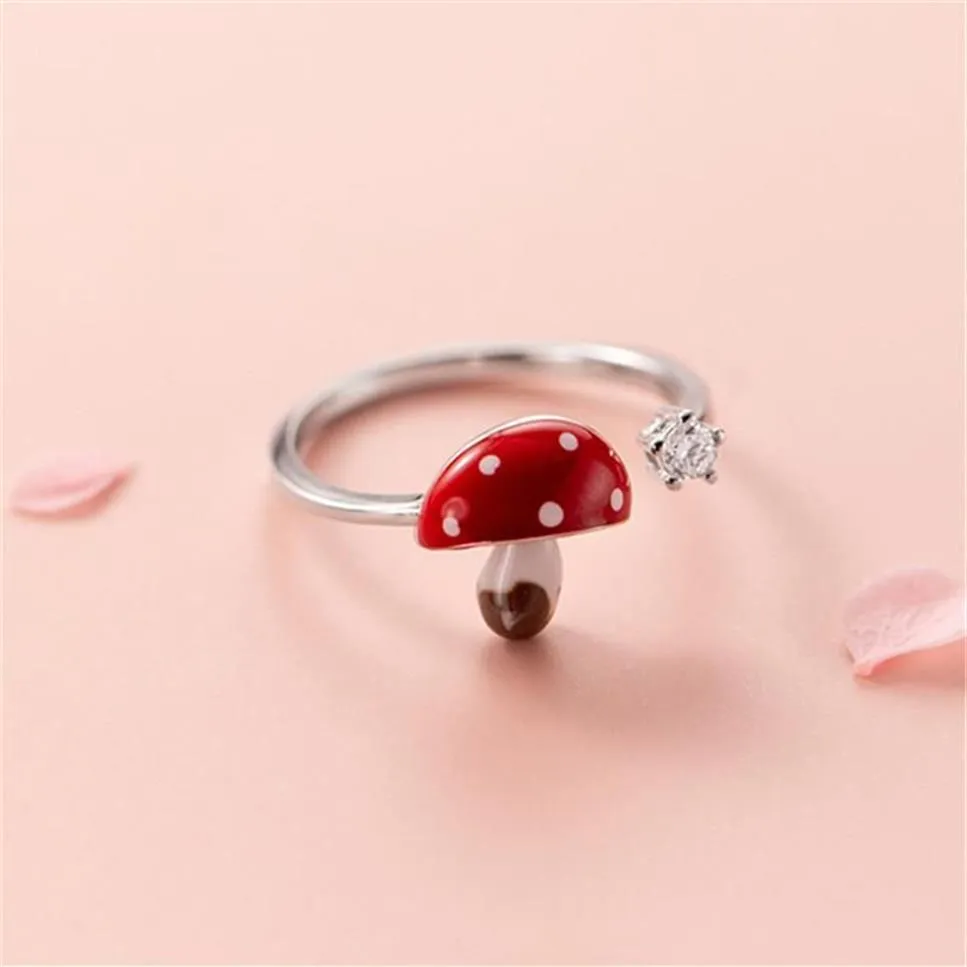 Anéis de cluster bonito pingando cogumelo vermelho aberto esterlina 925 jóias de prata diamantes ajustáveis para mulheres menina presente acessório239h