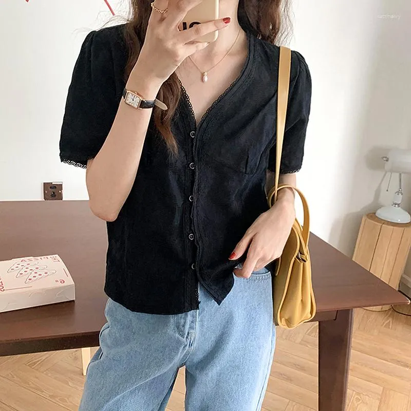 Women's Blouses GGRIGHT Chemise Femme Lace Trim V Neck White Shirt Women Summer Clothes 2023 Button Up Casual Shirts Poleras Mujer