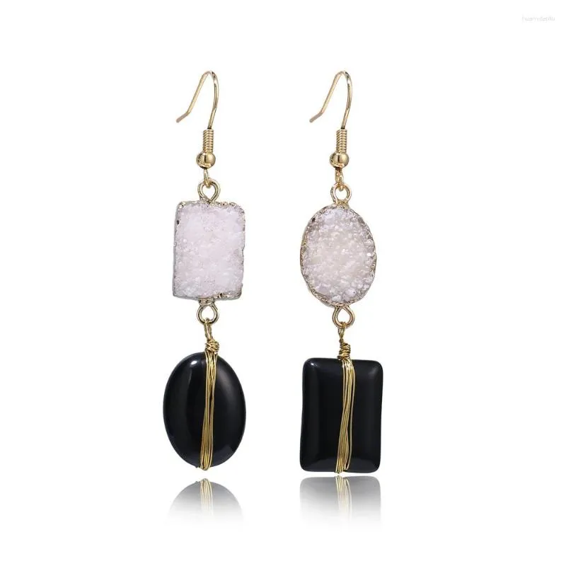 Dangle Oorbellen Mankuu Bohemen Vintage Gouden Draadwikkeling Zwarte Kralen Lange Drop Asymmetrische Druzy Kristal Voor Vrouwen