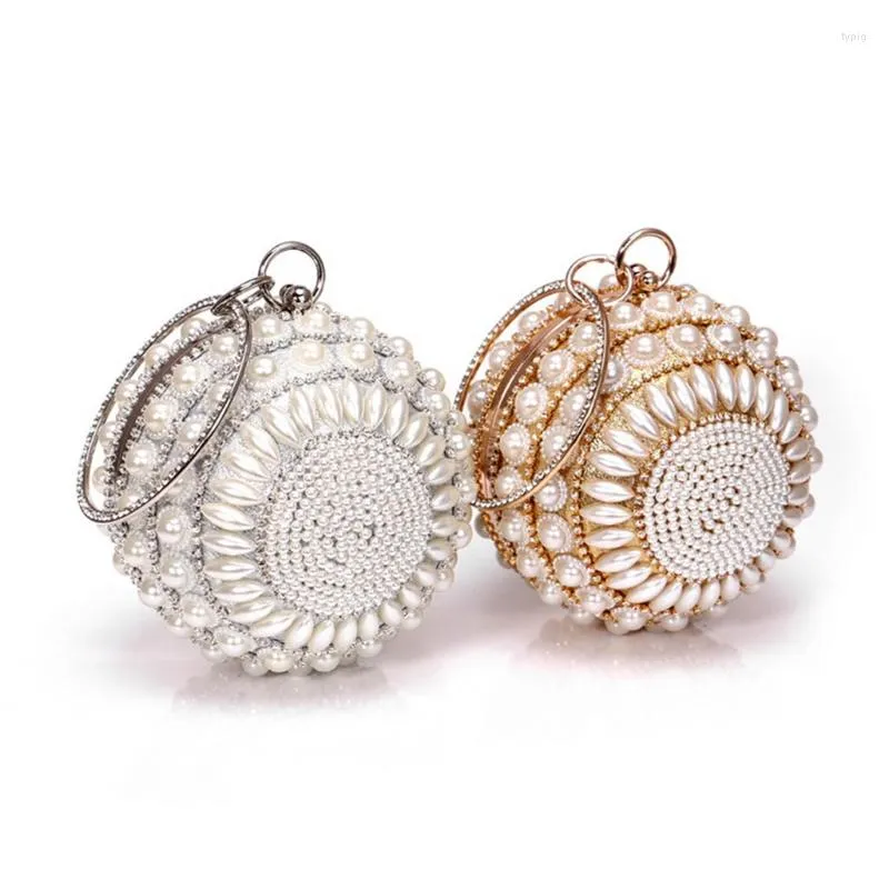 School Bags Women Round Clutch Handbag Artificial Pearl Beaded Ring Handle Purse Evening Bag