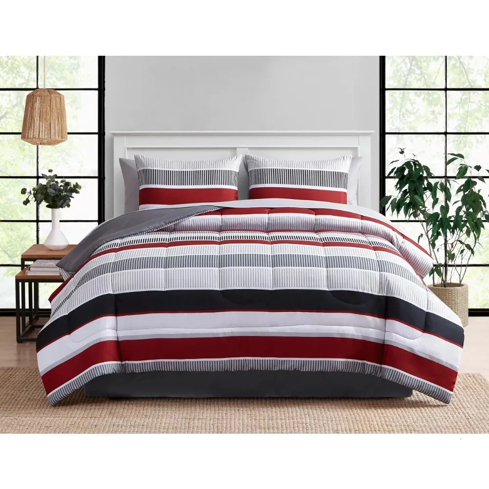 Bedding sets Red and Gray Stripe 8 Piece Bed In A Bag Comforter Set with Sheets Queen 231007