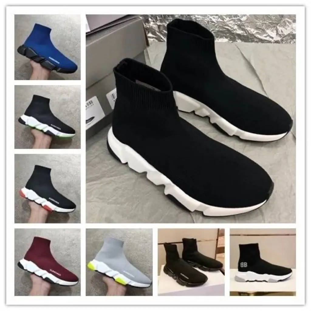 Med boxdesigners märke lyxiga casual skor plattform sneaker mens kvinnor tripler paris strumpor stövlar svart vitt blå ljus rubin vintage tränare sneakers