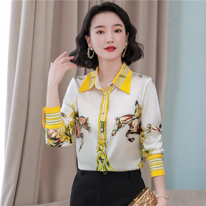 Vintage tryckt siden Satin White Shirts Autumn Winter Women Designer Classic Lapel Casual Button Up Bluses 2023 Office Ladies Long Sleeve Graphic Shirt Runway Tops