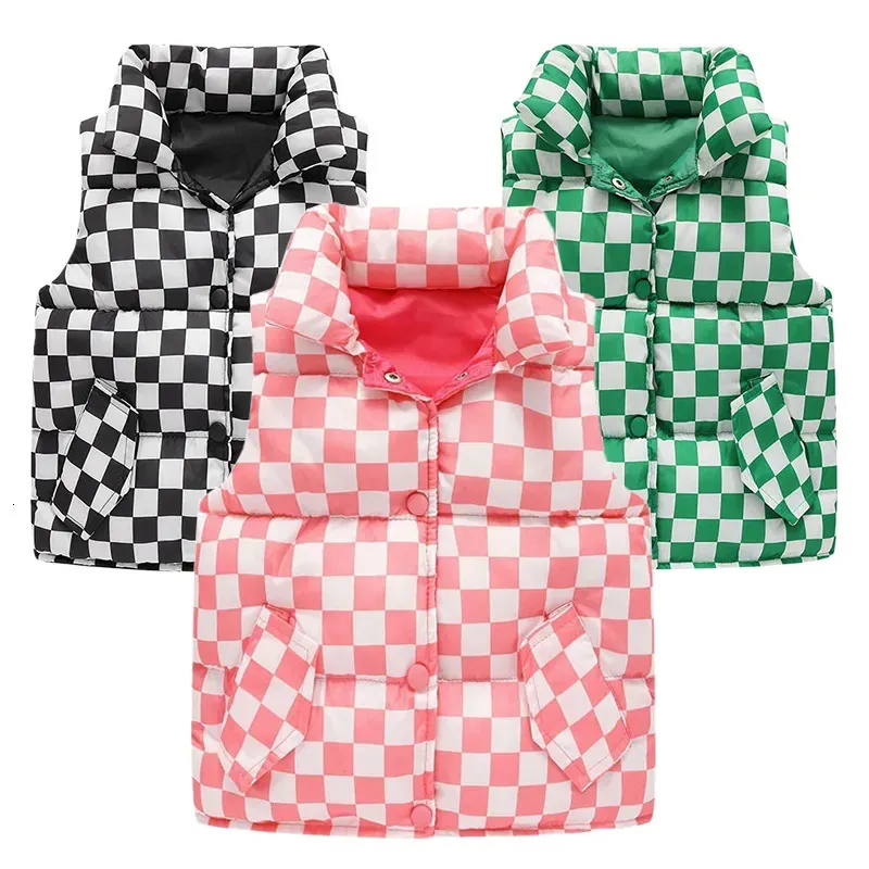Colete infantil outono quente colete meninas moda xadrez acolchoado jaqueta meninos casual gola para baixo colete de algodão 2y-10y 231007