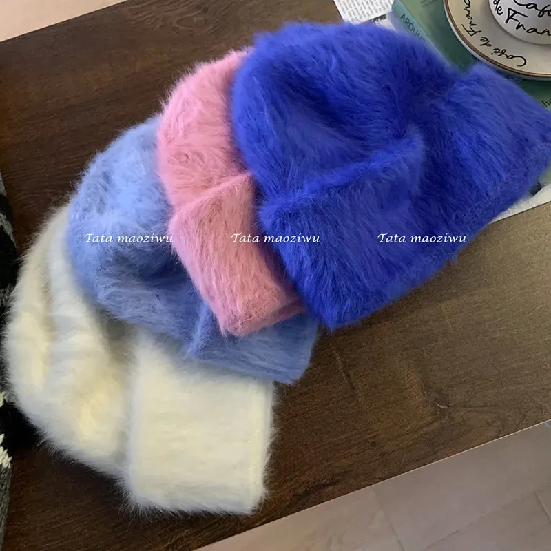 Beanieskull Caps Angora Fluffy Knitte Beanie Rabbit Fur Winter Hat for Women Ladies Fashion暖かいぬいぐるみ女性厚いフリース帽子231007