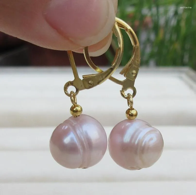 Dangle Earrings 9-10mm South Sea Pink Purple Baroque Pearl YELLOW GOLD