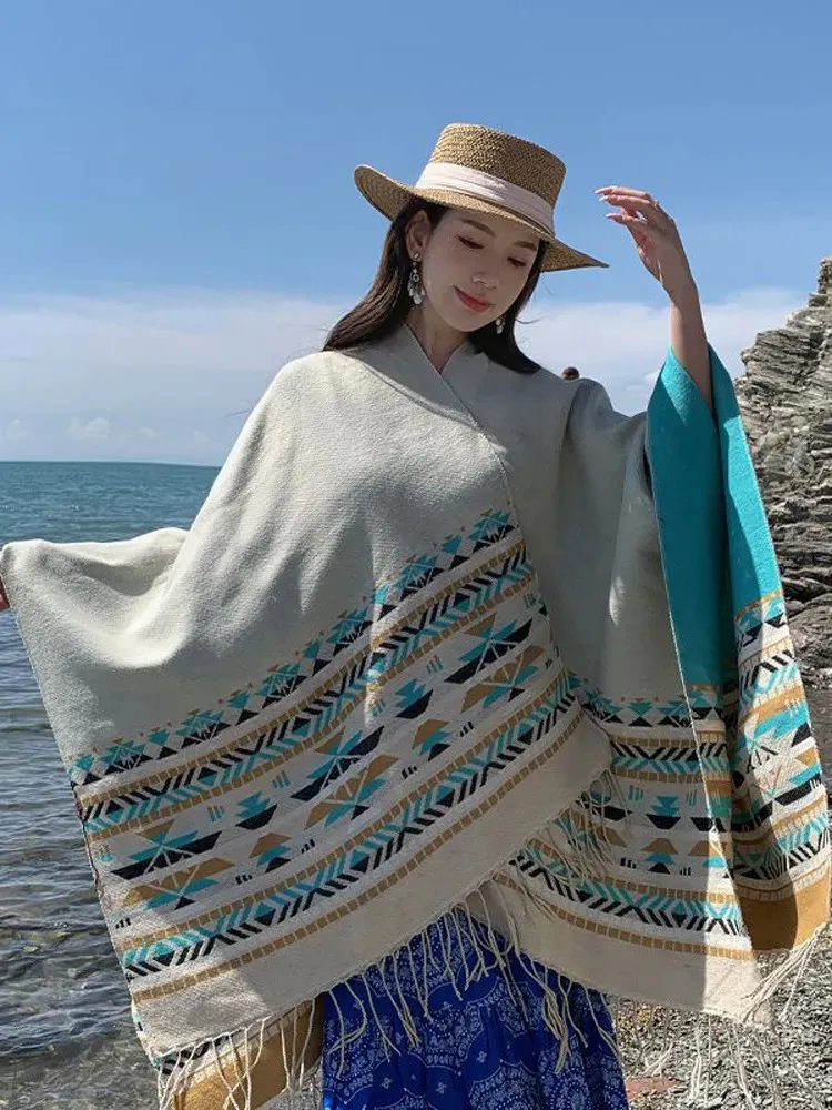 Lenços Poncho Mulher Étnica Vento À Prova de Vento Padrão Geométrico Cabo Outono e Inverno Split Shawl Fringe Pashimina Doublesided 231007