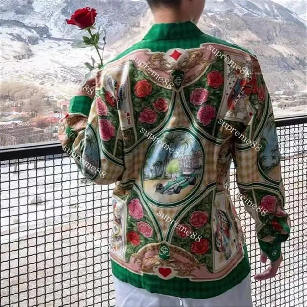 Casablanc män designer skjortor temperament retro rose spela kort silke tryckt skjorta ruffian stilig lös toppkvalitet sommar bea315a