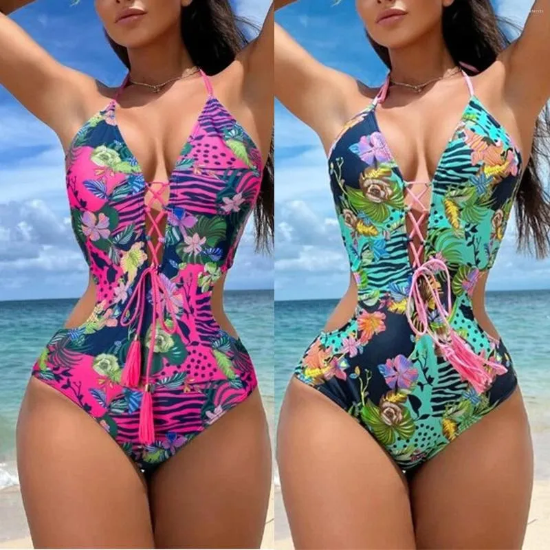 Costume da bagno da donna Costume da bagno sul petto Nappa Vita con fibbia posteriore che perde Bikini Sexy Deep V Halter Retro stampato floreale Abbigliamento da spiaggia estivo