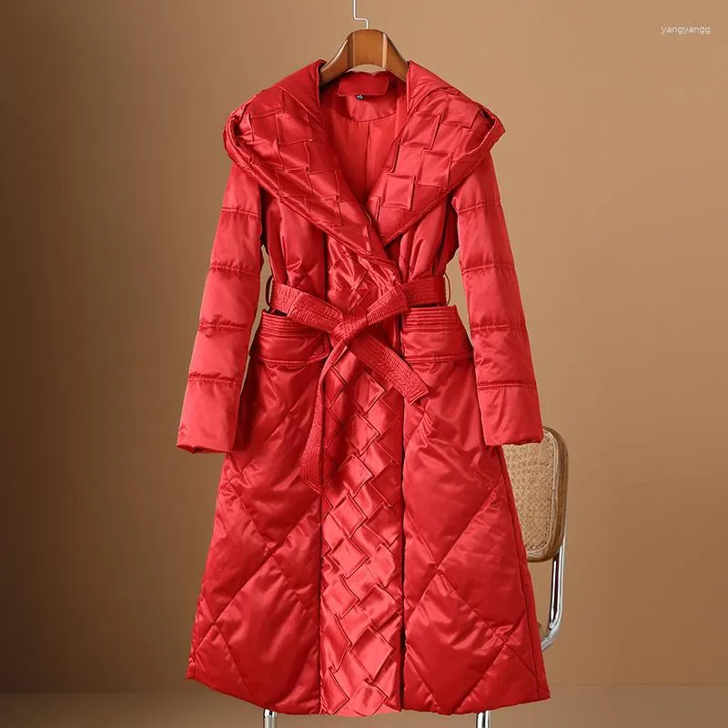 Damen-Trenchcoats, modische rote Daunenjacke mit Kapuze für Damen im Winter 2023, hochwertig, kariert, schmal geschnitten und schlank