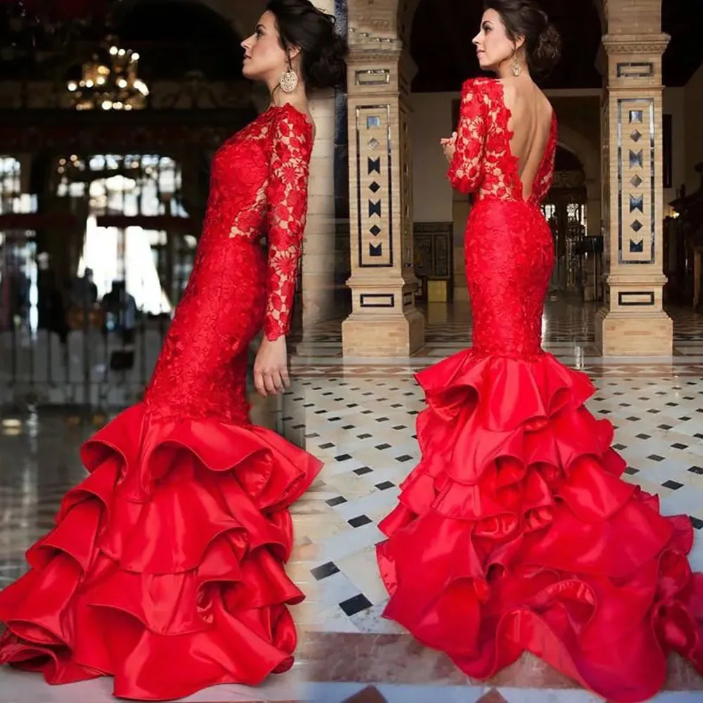 Vestidos de noite vermelho vestido de festa de baile sem costas formal plus size sereia zíper rendas até novo personalizado manga longa cetim bateau renda