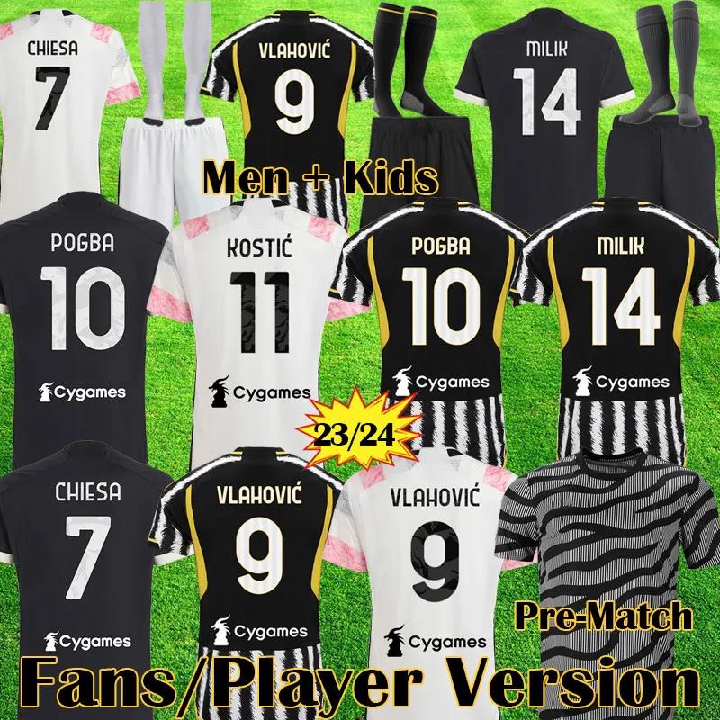 2023 24 Vlahovic Home Zebra Soccer Jerseys Milik Pogba Away Kit 23 2024 Chiesa Milik Kean Top koszulki piłkarskie locatelli bonoh t weah Di Maria Men Sets