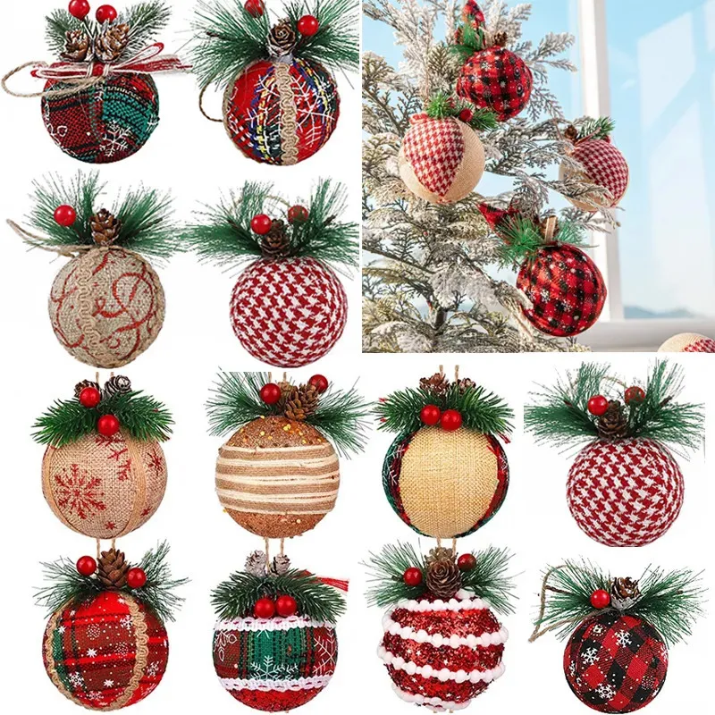 Juldekorationer 12/24st Red Green Plaid Christmas Balls With Pine Cone Xmas Tree Hanging Foam Pendant Juldekorationer Navidad År 231006