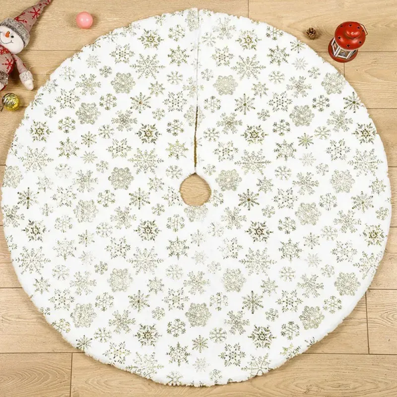 Juldekorationer 122 cm julgran kjol faux päls matta vit snöflinga plyschmatta för hem xmas träd år dekor noel förkläde prydnad 231006