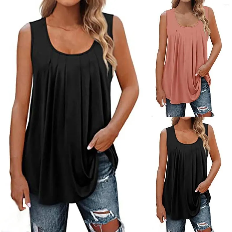 Women's Tanks Summer Vest Loose Pleated U Neck Sleeveless Top D Hem Large Size