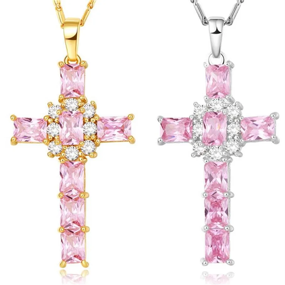 Nakelulu cruz colar de cristal feminino jóias presente inteiro prata cor ouro luxo rosa claro zircônia cúbica pingente chain191r