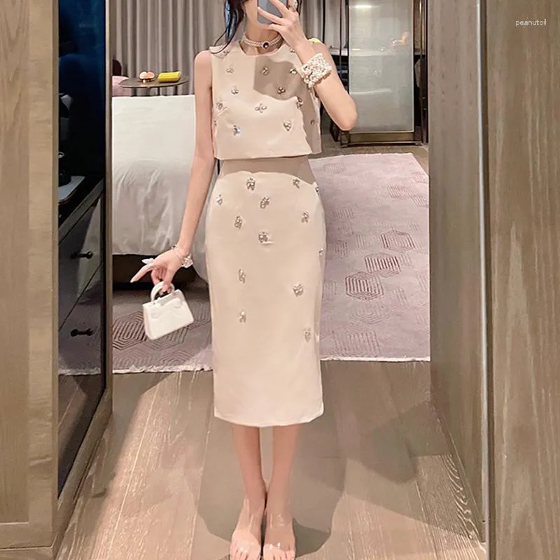 Work Dresses White Diamond-Studded Sleeveless Short Top Tank High Waist Bag Hip Slit Slim Midi Skirt Two-Piece Set Wedding