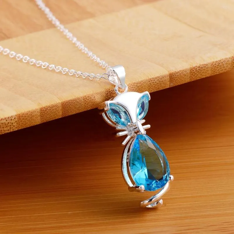 Pingentes 925 prata esterlina colar moda jóias 18 polegadas azul cristal pingente corrente para mulheres presentes de aniversário de casamento luxo