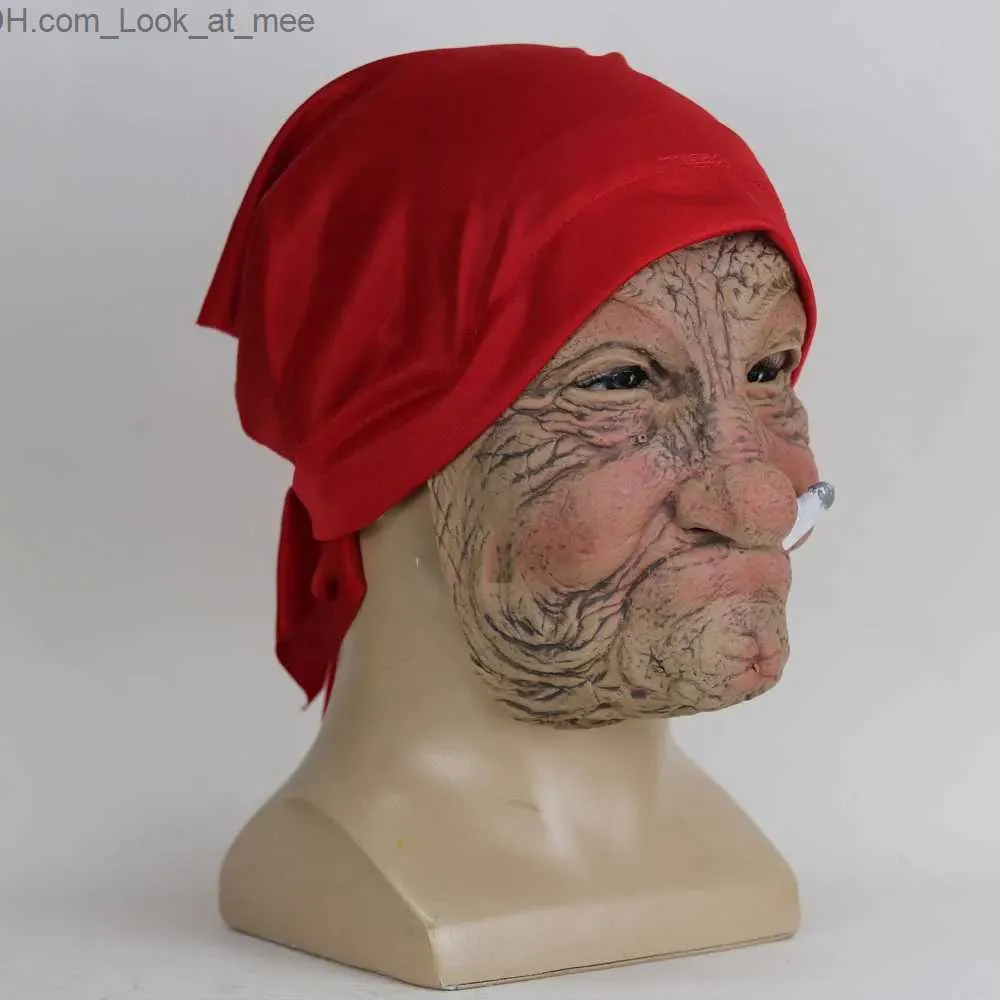 Festmasker rolig rökning farmor gammal nana latex mask lady mormor med skrynklig ansikte och röd halsduk masker halloween fest kostym props q231007