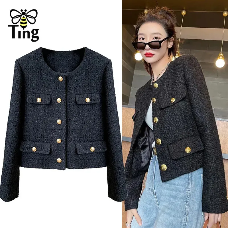 Kurtki damskie Tingfly Designer Mash Button Single Bered Krótki płaszcz Jacke Women Vintage Elegancki Tweed Black Cosaco Traf Traf Ubrania 231006