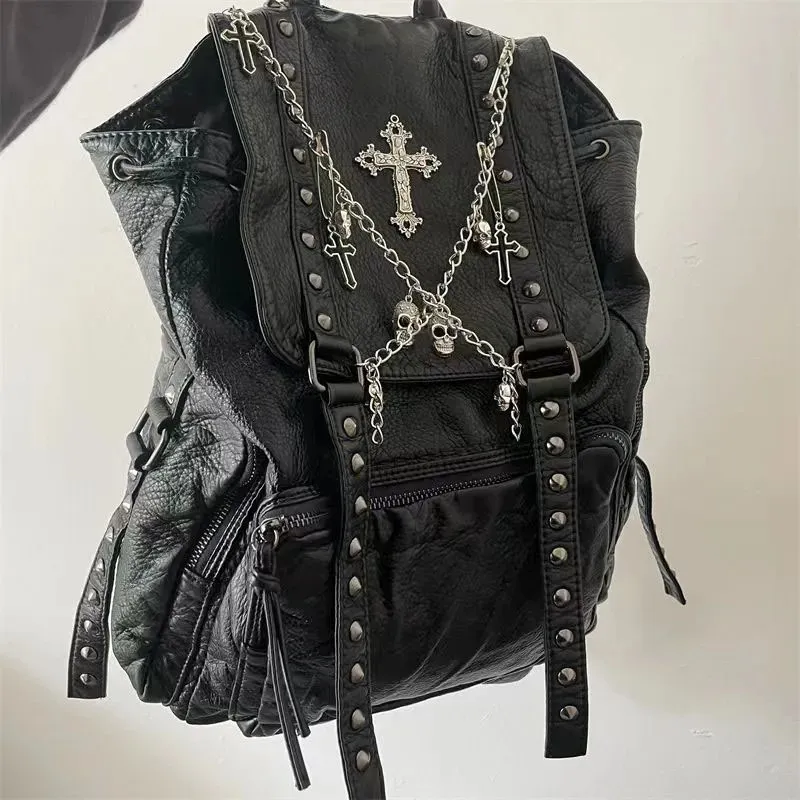 Gothic Y2K Backpack - Womens Punk Rivet Chain School Bag
