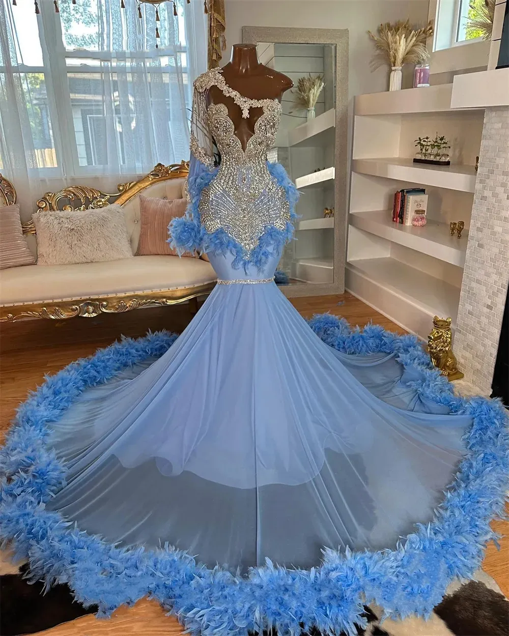 Blue Feathers Crystal Mermaid Black Girls Prom Formal Dresses Party Gowns Long Sleeve African Robes De Soiree