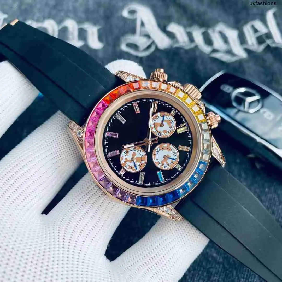 Relógio de diamante autêntico Rolaxs Relógios Mens relógio movimento mecânico automático Relógios 40mm Rubbersteel Rainbow Diamond Bezel safira à prova d'água Wristwa HB74