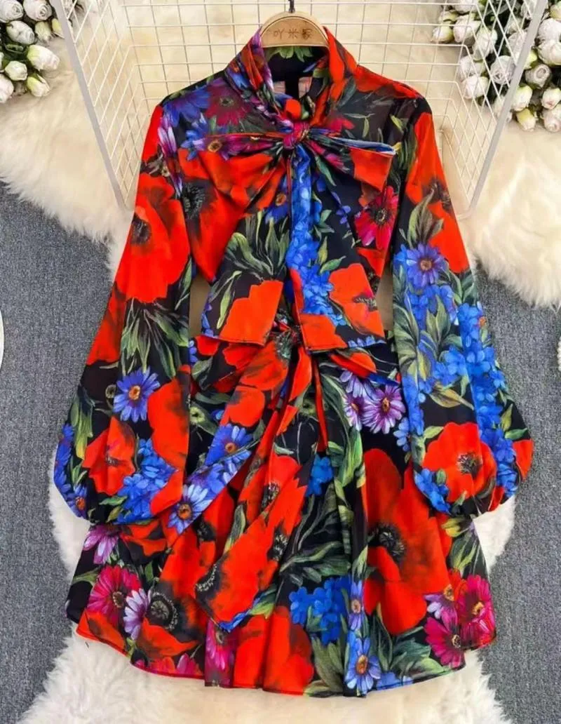 Casual Dresses Autumn Fashion Long Lantern Sleeve Floral Print Kne-Length Dress for Women 2023 Stylish