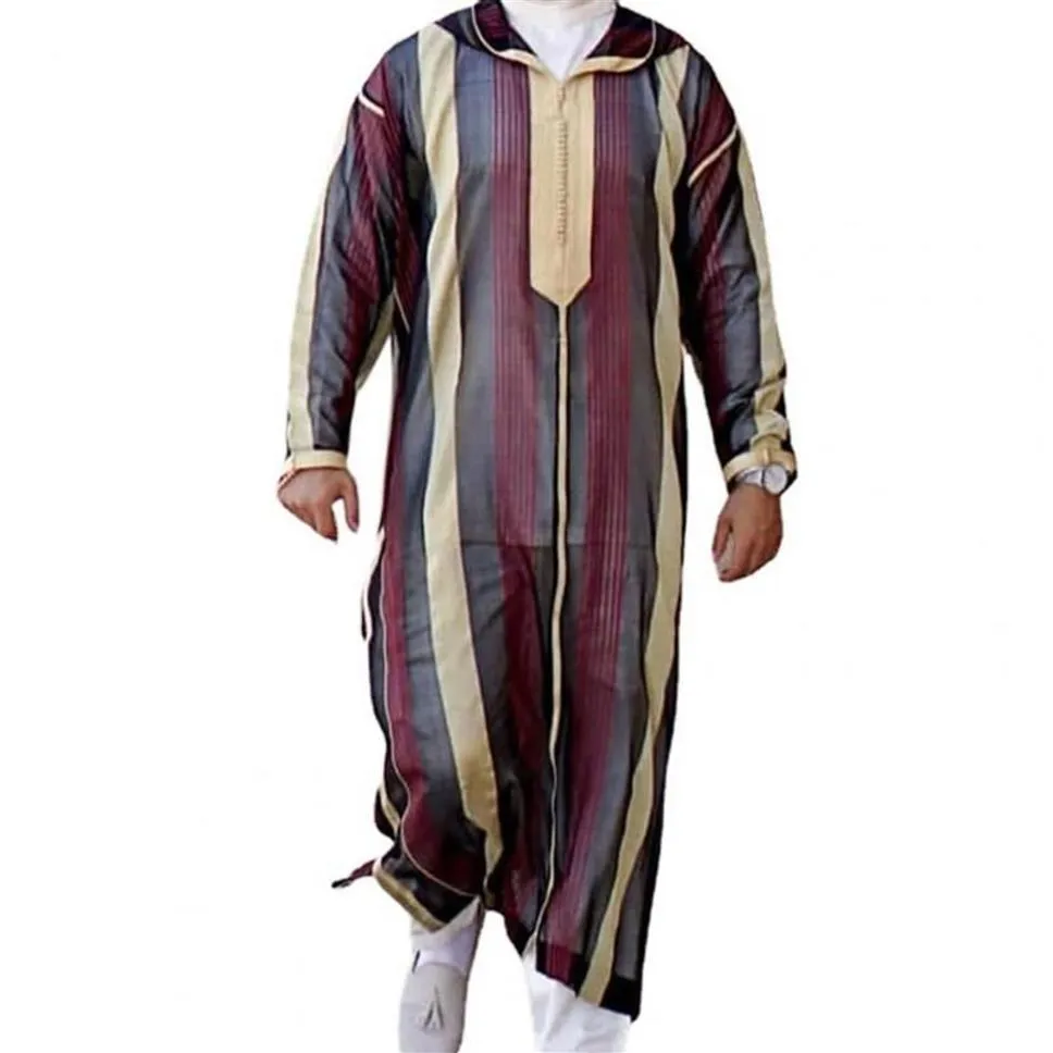 Männer Casual Hemden Muslime Männer Robe Gestreiften Druck Mit Kapuze Langarm Revers Männliche Traditionelle Kleidung Plus Größe Lose Kaftan 189S