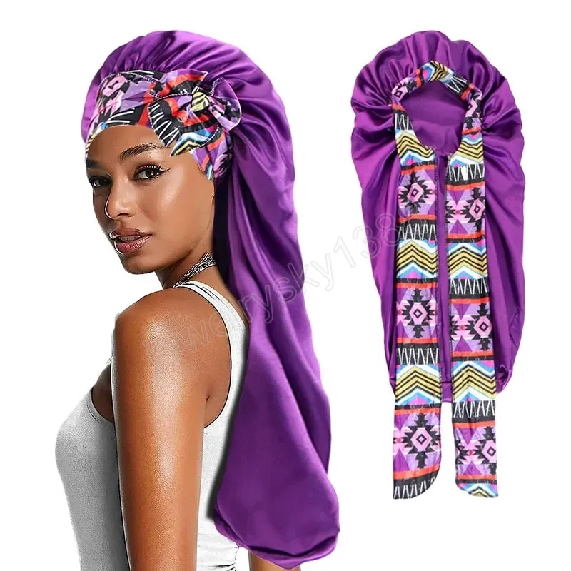 Новый большой длинный атласный чепчик с шелковистым африканским узором и принтом с завязкой на голове, ночная шапочка для сна для женщин, длинная вьющаяся коса
