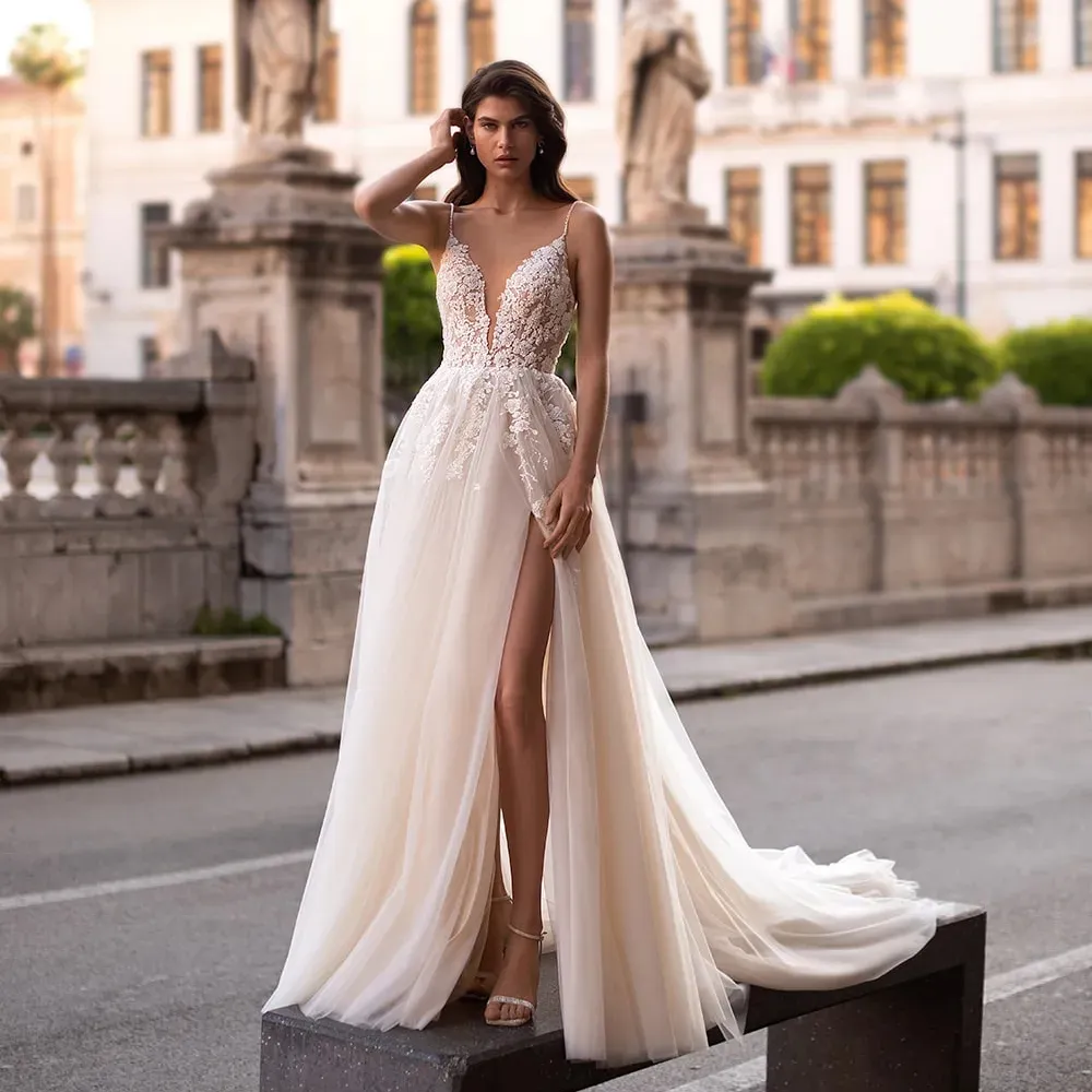beaded wedding dress with detachable train Beaded Satin wedding dr with slit with Detachable Train, Long Sleeves, and Pleats - Perfect for Chapel or Garden Weddings