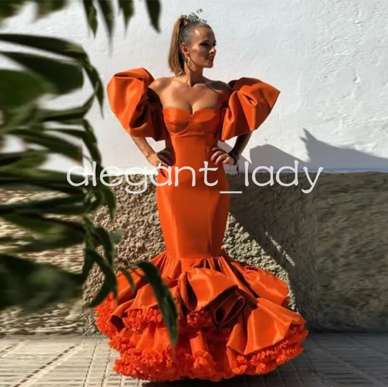 الكشكشة البرتقالية Ruched Mermaid المساء الرسميات الفساتين منتفخة trajes de flamenca prod prod robe de soiree