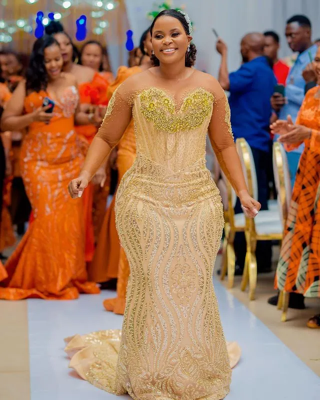 2023 Oct Aso Ebi arabe grande taille or sirène mère de la mariée robes perles cristaux soirée bal formelle fête anniversaire célébrité mère de marié robes robe ZJ3