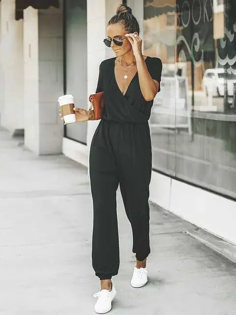 Miss Petal V Neck Jumpsuit With Pockets For Women Casual Long