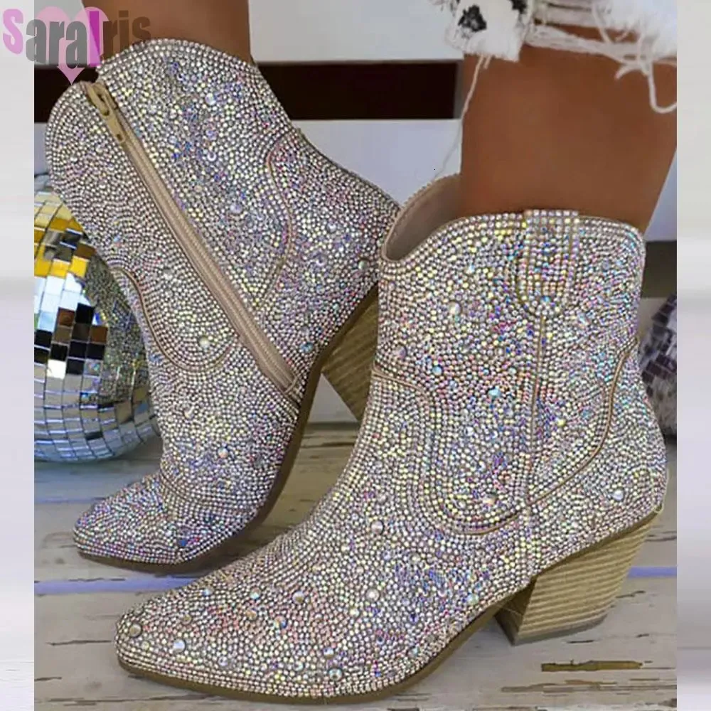 Boots Rhinestone Decor Zipper Design Boots For Women Chunky Heel Fashion Trendy Crystals Cowboy Boots Glitter Shoes Woman 231007