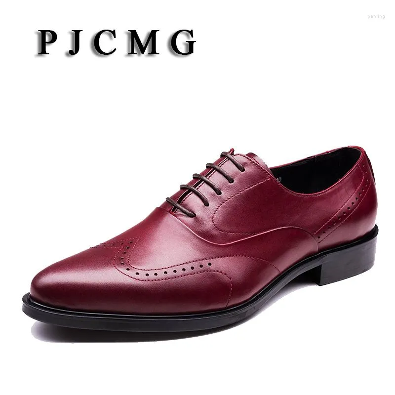 Robe chaussures PJCMG respirant hommes affaires à lacets noir/vin rouge formel en cuir véritable mariage Oxfords bureau