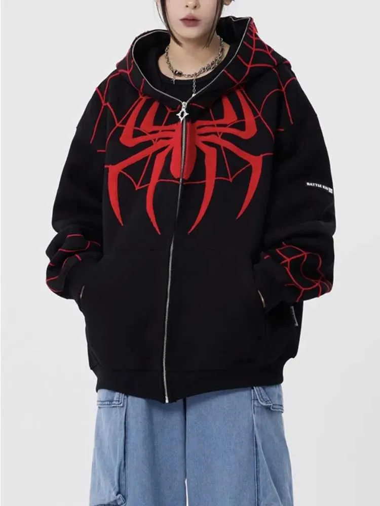 Deeptown Streetwear Spider Sweat à capuche femmes Vintage à manches longues broderie lâche Zip Up sweats à capuche automne Couple sweat veste 230915