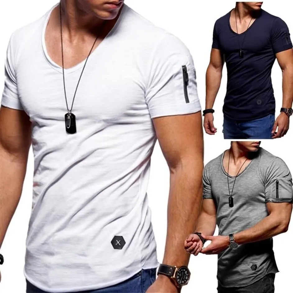 T-shirt da uomo 2021 manica con cerniera scollo a V T-shirt corta da uomo Slim Fit T-shirt maschile skinny casual maglietta estiva Camisetas Hombre255K